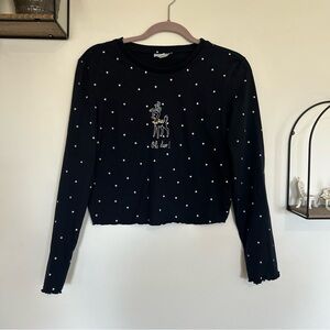 Topshop Navy Blue White Polka Dot Oh Deer Long Sleeve Cropped Shirt Medium 8/10